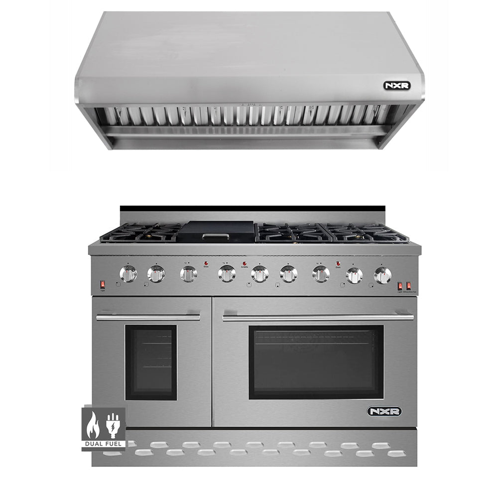 images NXR SCD4811 48" Natural Gas Dual Fuel Range & RH4801 Under Cabinet Hood Bundle, Stainless Steel SCD4811RHBD - Image 1