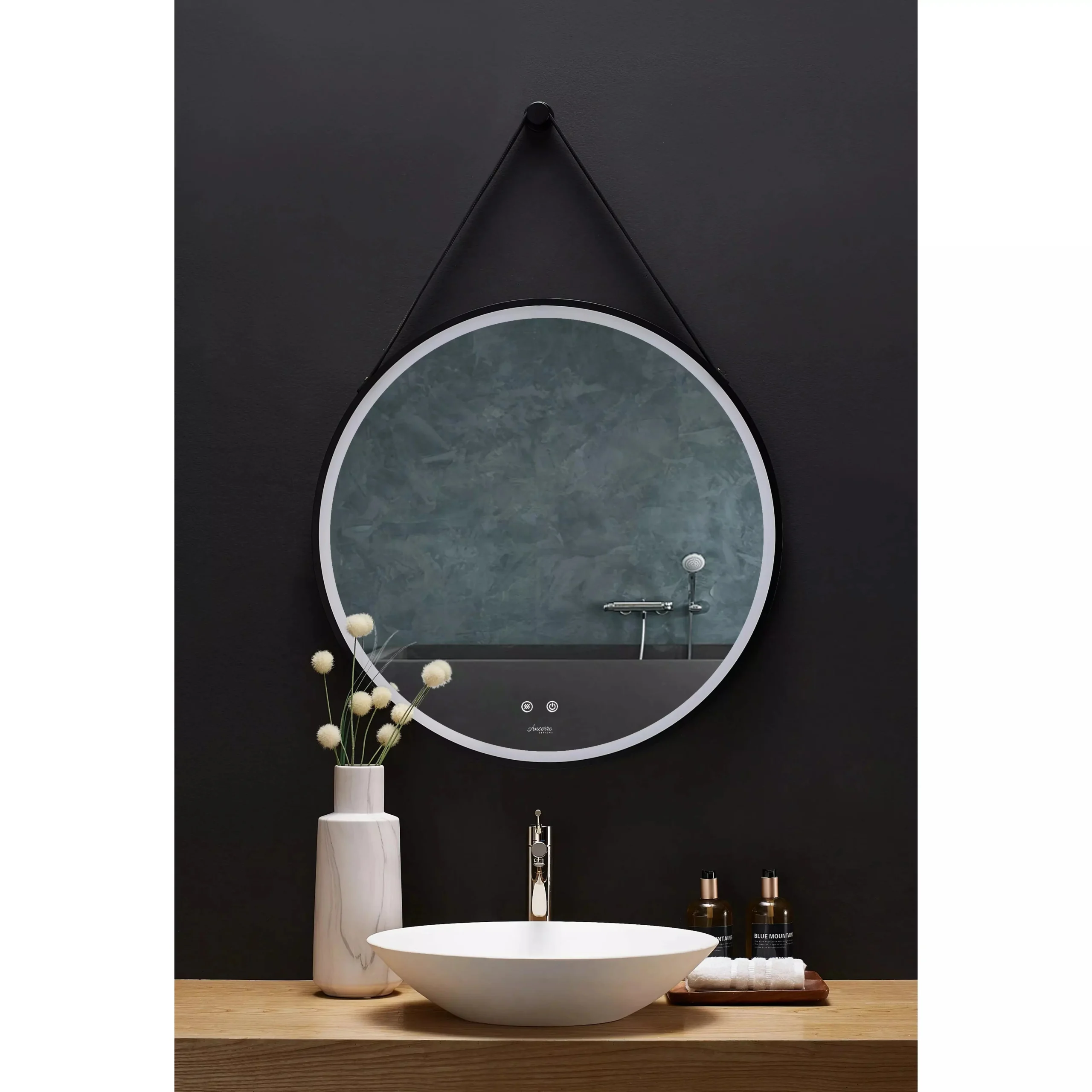 images Ancerre 30” Sangle Led Mirror Black Framed Lighted Bathroom Vanity Mirror and Vegan leather Strap - Image 1