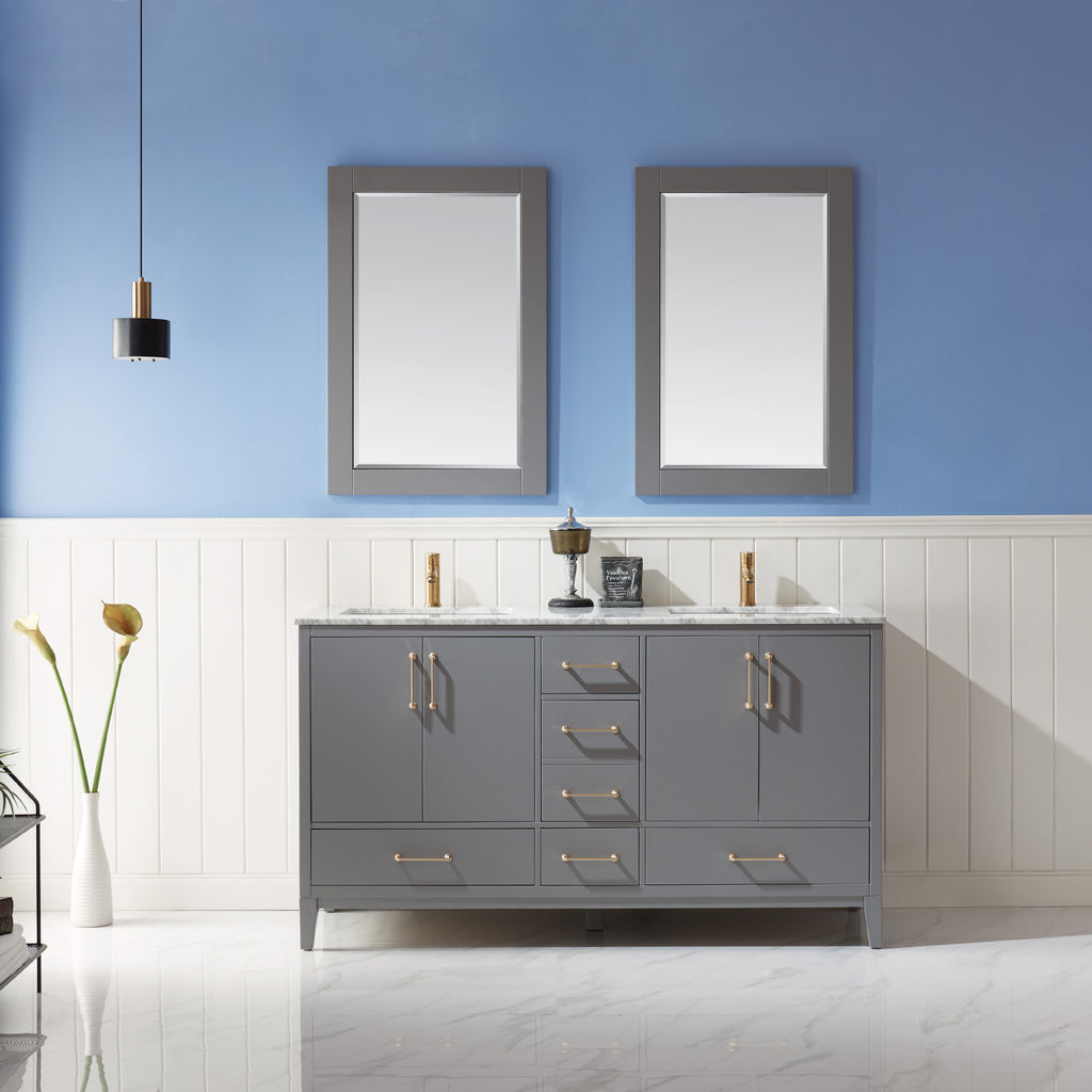 images Altair Sutton 60" Double Bathroom Vanity Set in Gray and Carrara White Marble Countertop with Mirror 541060-GR-CA - Image 1