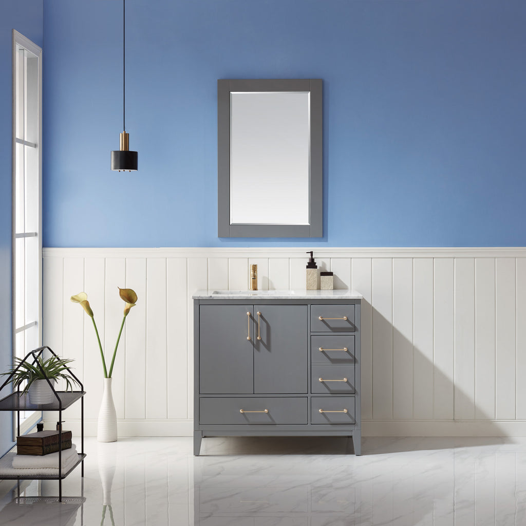 images Altair Sutton 36" Single Bathroom Vanity Set in Gray and Carrara White Marble Countertop with Mirror 541036-GR-CA - Image 1