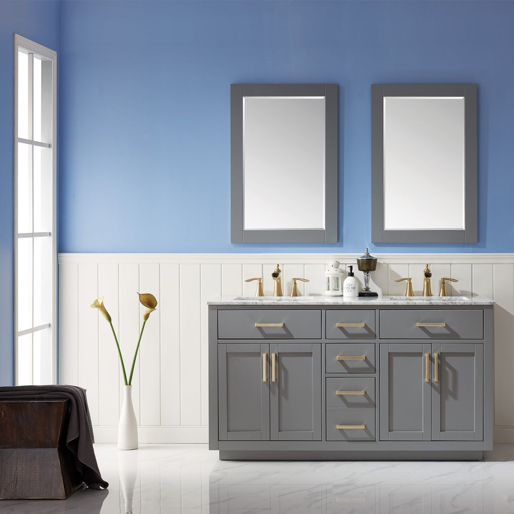images Altair Ivy 60" Double Bathroom Vanity Set in Gray and Carrara White Marble Countertop with Mirror 531060-GR-CA - Image 1