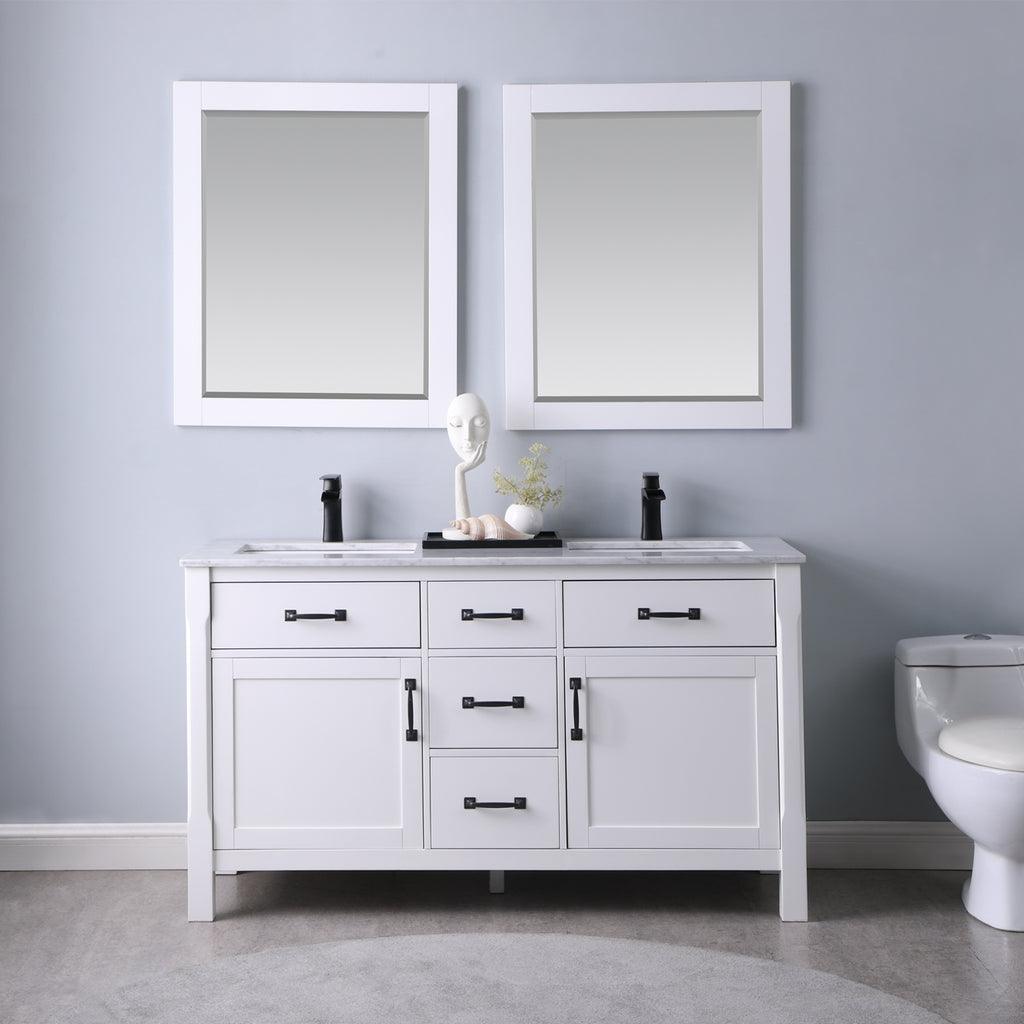 images Altair Maribella 60" Double Bathroom Vanity Set in White and Carrara White Marble Countertop with Mirror 535060-WH-CA - Image 1