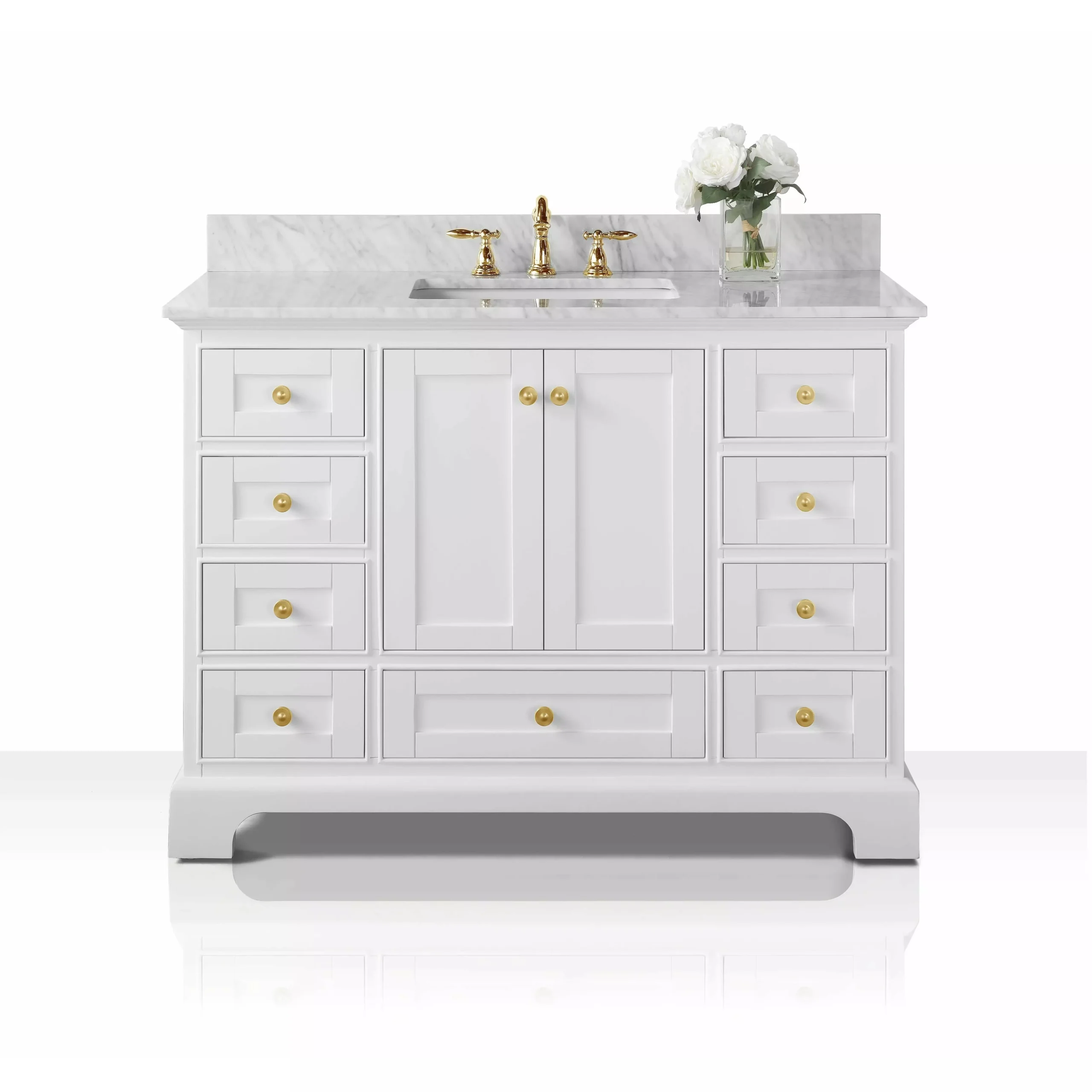 images Ancerre Audrey" Bathroom Vanity Set in White with 28" Mirror VTSM-AUDREY-48-W-CW-GD - Image 1