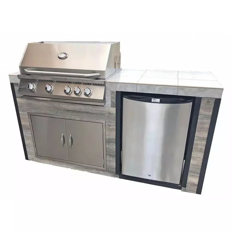 images KoKoMo Elite 6' BBQ Island With Built In BBQ Grill Drift Wood Look Siding 30 Inch Doors - Image 1