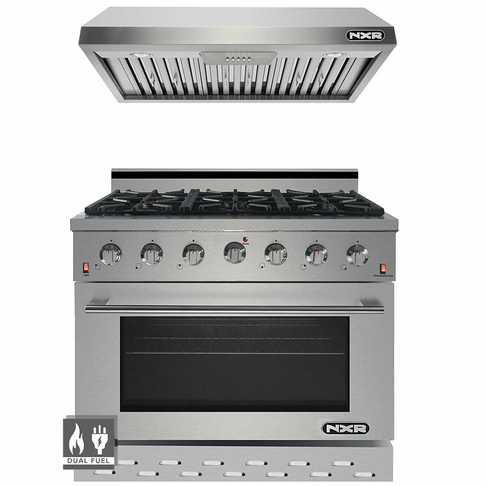 images NXR SCD3611 36" Natural Gas Dual Fuel Range & EH3619 Under Cabinet Hood Bundle, Stainless Steel SCD3611EHBD - Image 1