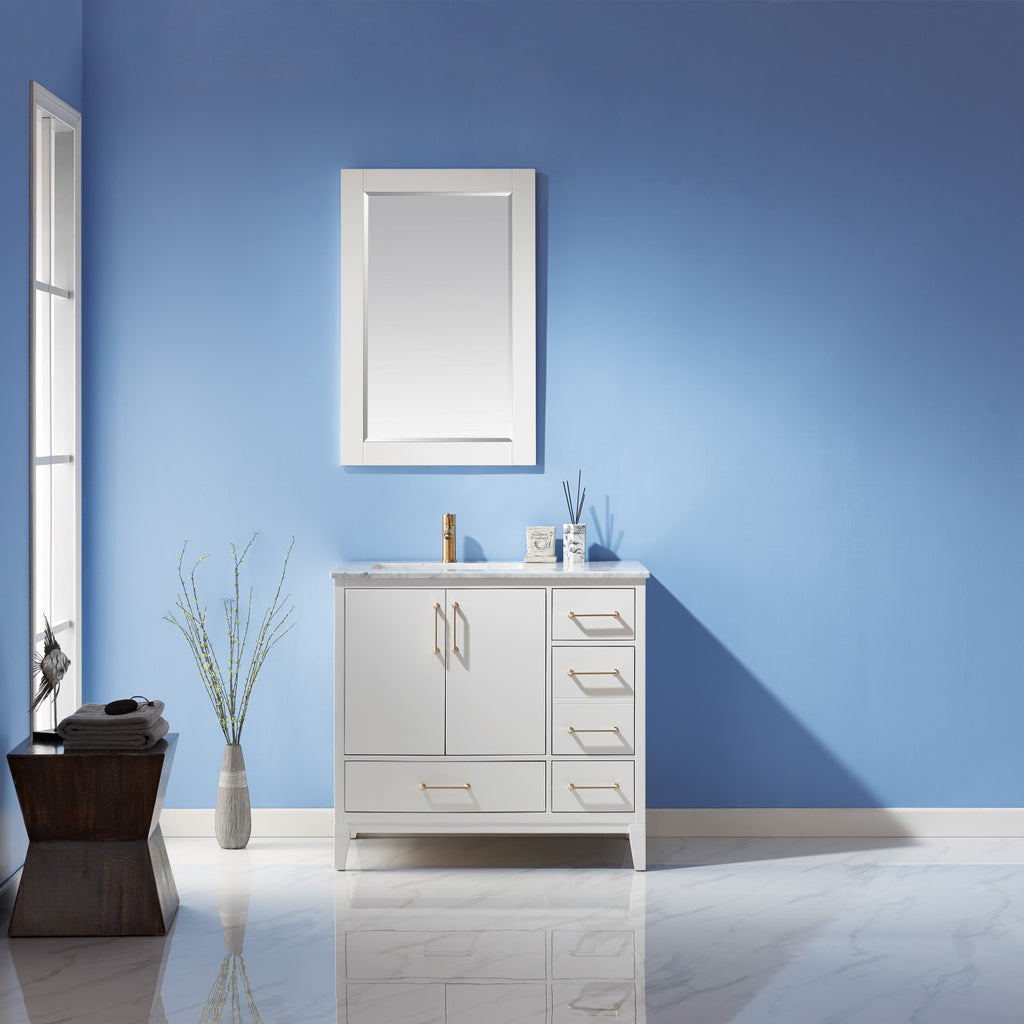 images Altair Sutton 36" Single Bathroom Vanity Set in White and Carrara White Marble Countertop with Mirror 541036-WH-CA - Image 1