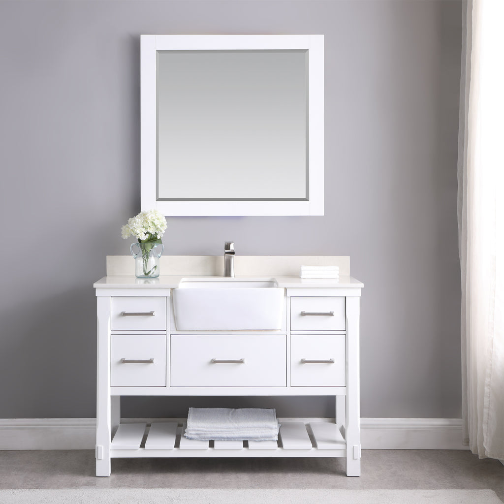 images Altair Georgia 48" Single Bathroom Vanity Set in White and Composite Carrara White Stone Top with White Farmhouse Basin with Mirror 537048-WH-AW - Image 1