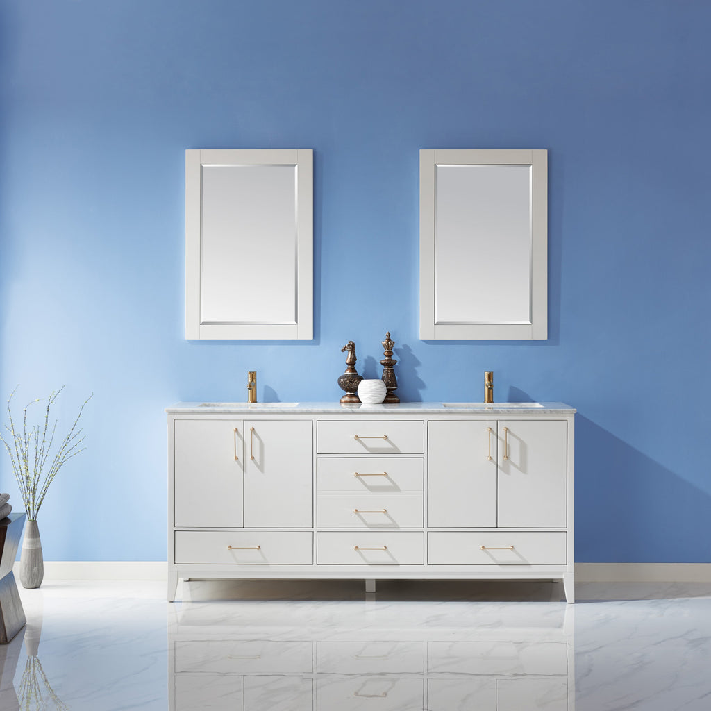 images Altair Sutton 72" Double Bathroom Vanity Set in White and Carrara White Marble Countertop with Mirror 541072-WH-CA - Image 1