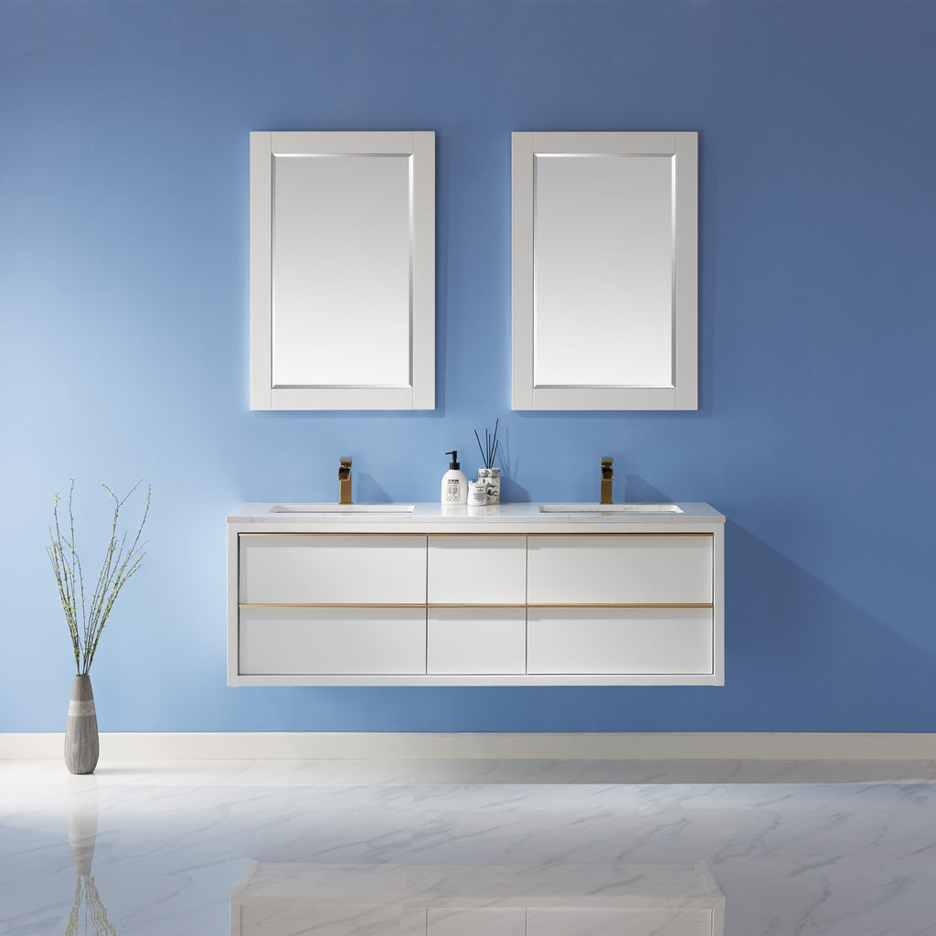 images Altair Morgan 60" Double Bathroom Vanity Set in White and Composite Carrara White Stone Countertop with Mirror 534060-WH-AW - Image 1