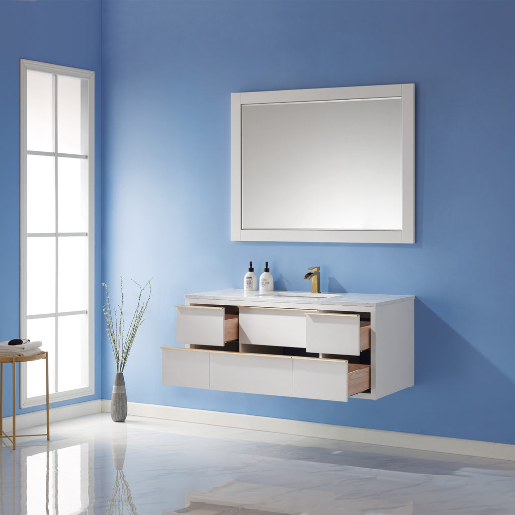 images Altair Morgan 48" Single Bathroom Vanity Set in White and Composite Carrara White Stone Countertop with Mirror 534048-WH-AW - Image 1