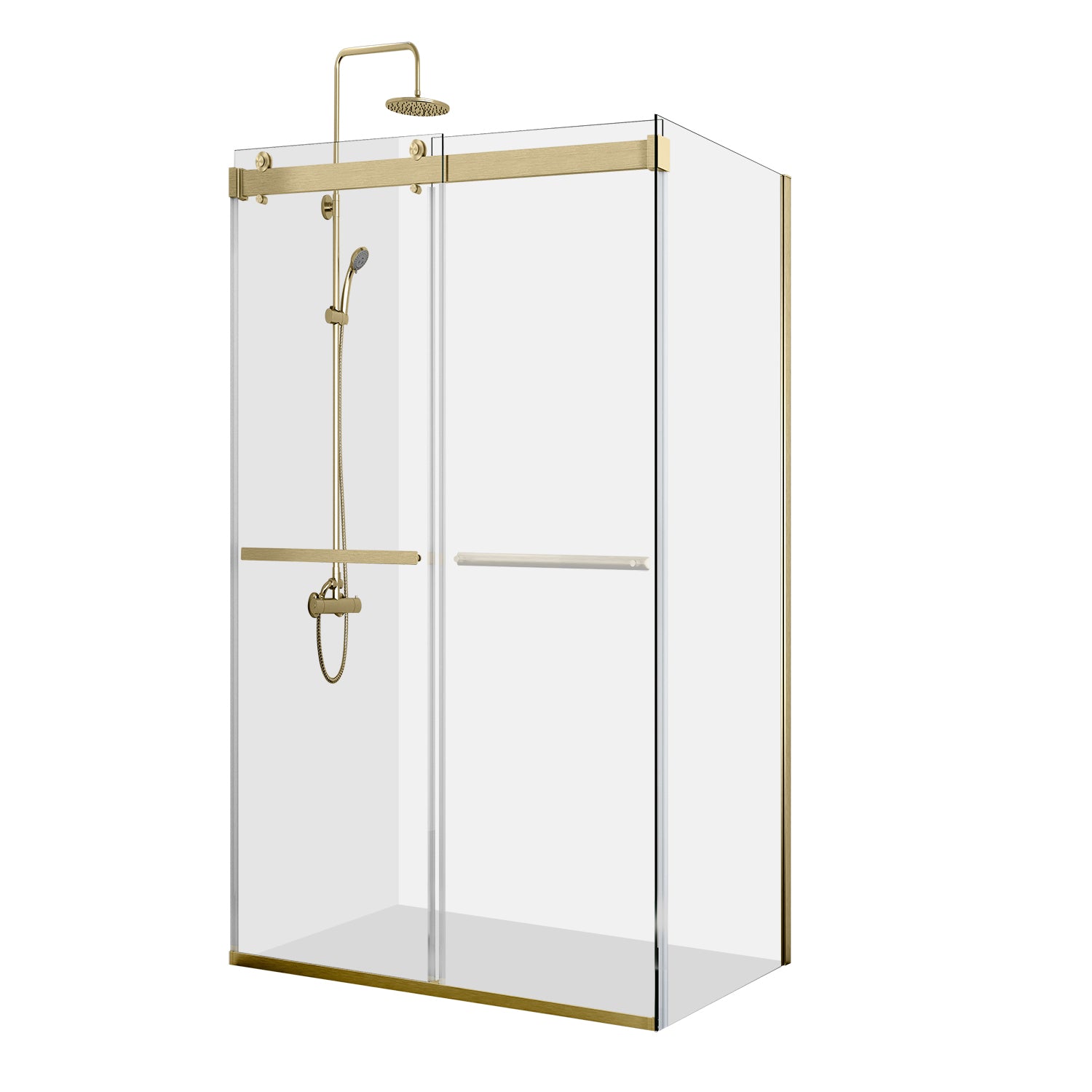 images Vinnova Spezia 48" W x 76" H Rectangle Double Sliding Frameless Shower Enclosure in Brushed Gold 301048+36P-BG - Image 1