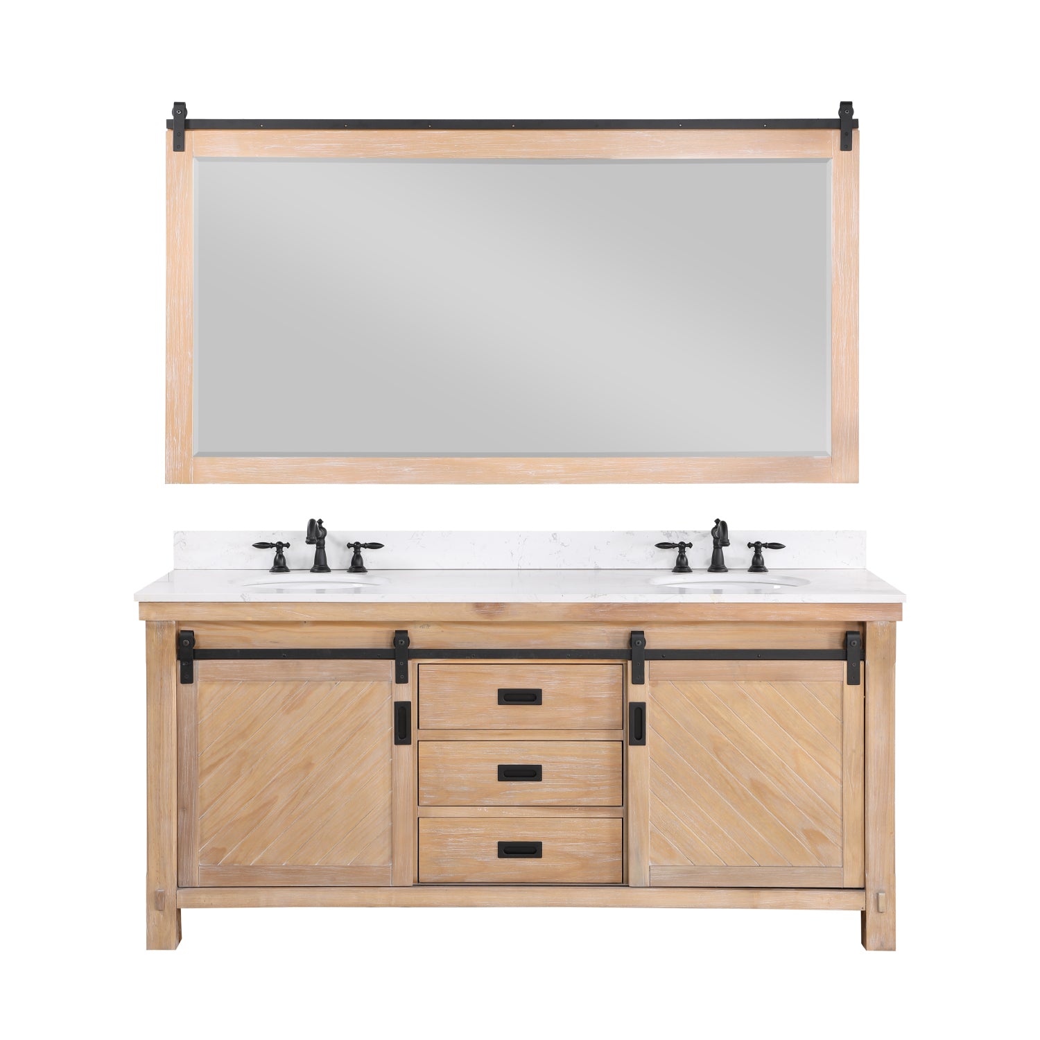 images Vinnova Cortes 72" Double Sink Bath Vanity in Weathered Pine with White Composite Countertop and Mirror 701772-WP-WS - Image 1
