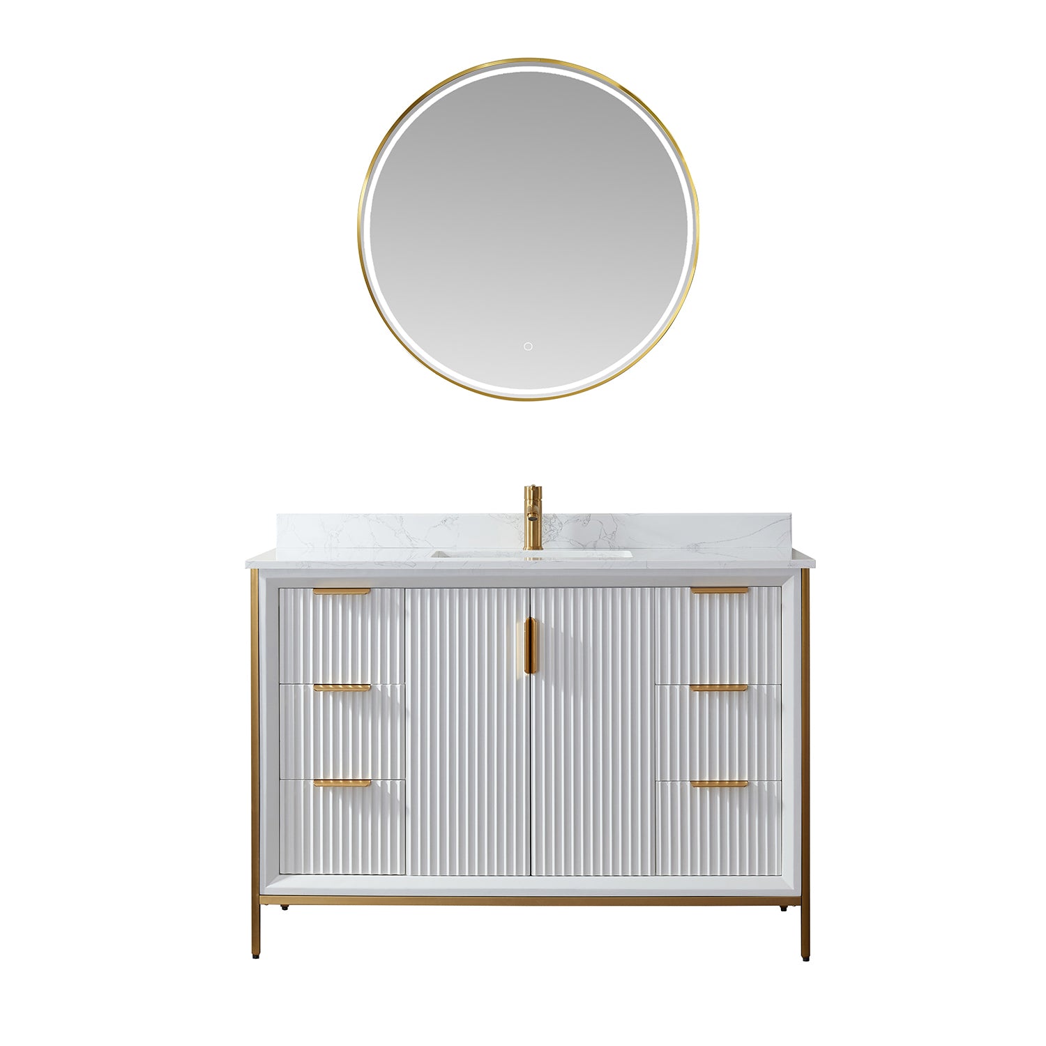 images Vinnova Granada 48" Vanity in White with White Composite Grain Stone Countertop With Mirror 736048-WH-GW - Image 1
