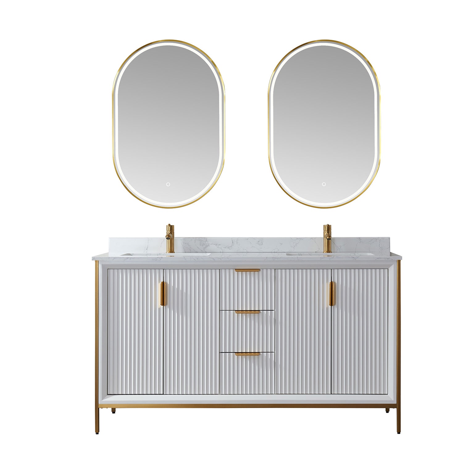 images Vinnova Granada 60" Vanity in White with White Composite Grain Stone Countertop With Mirror 736060-WH-GW - Image 1