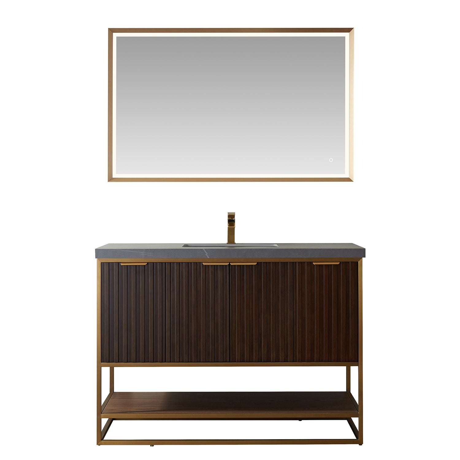 images Vinnova Donostia 48" Vanity in Walnut with Grey Composite Armani limestone board stone countertop With Mirror 737048-NLW-ALB - Image 1