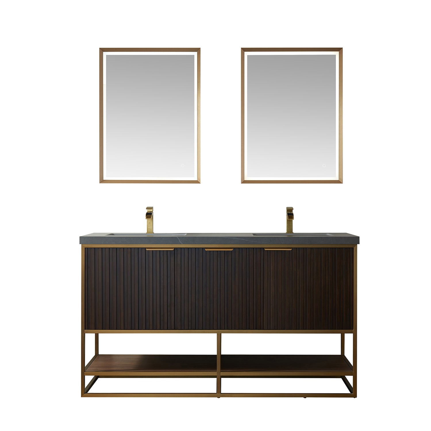 images Vinnova Donostia 60" Vanity in Walnut with Grey Composite Armani limestone board stone countertop With Mirror 737060-NLW-ALB - Image 1