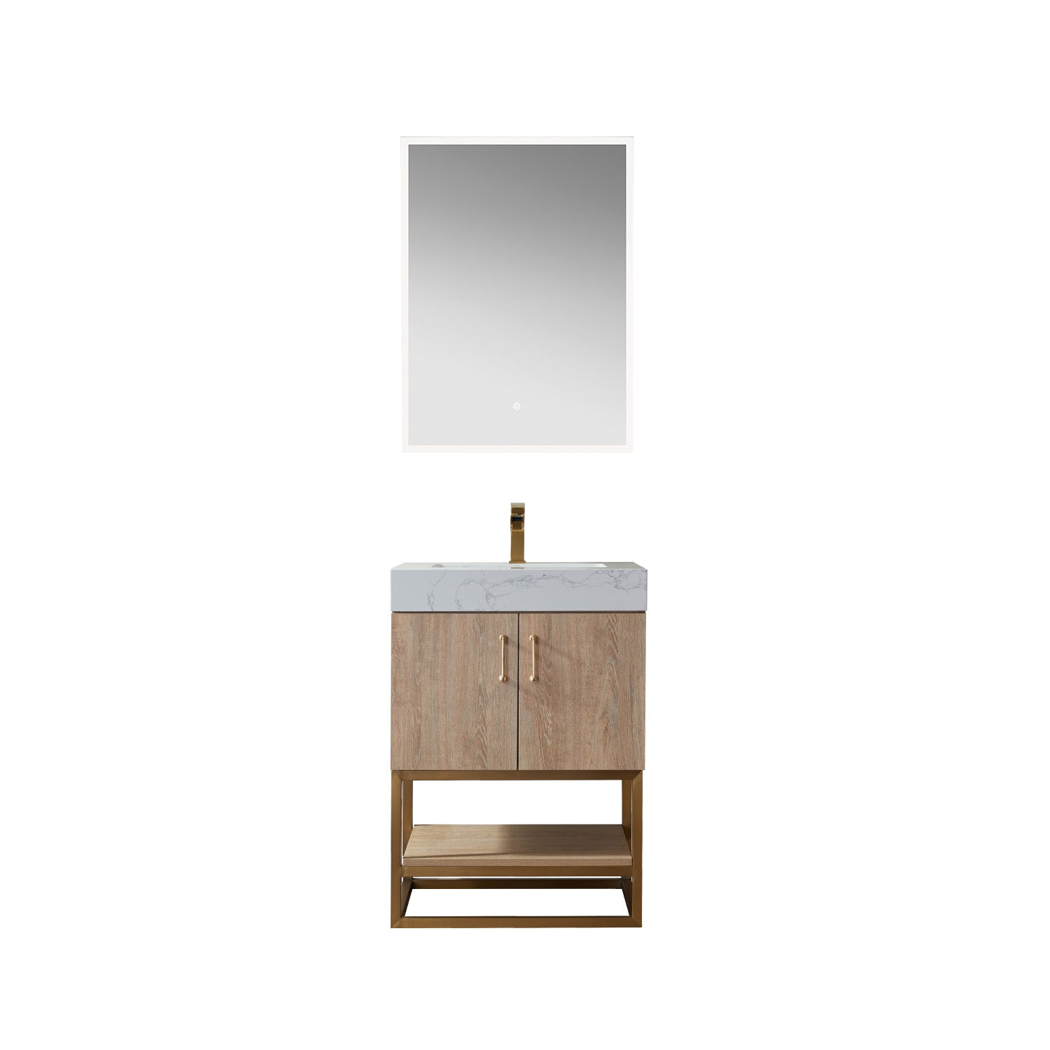 images Vinnova Alistair 24" Single Vanity in North American Oak with White Grain Stone Countertop With Mirror 789024-NO-GW - Image 1