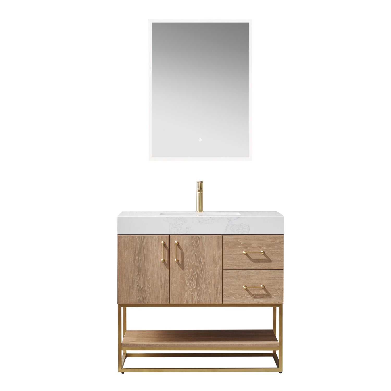 images Vinnova Alistair 36" Single Vanity in North American Oak with White Grain Stone Countertop With Mirror 789036-NO-GW - Image 1