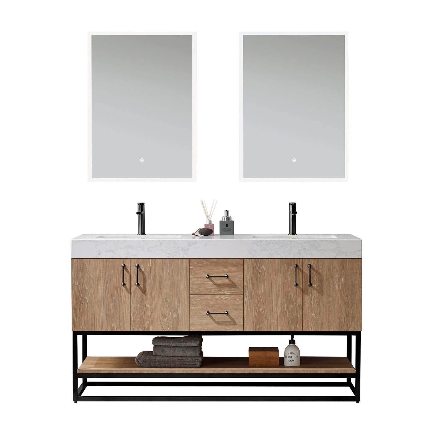 images Vinnova Alistair 60B" Double Vanity in North American Oak with White Grain Stone Countertop With Mirror 789060B-NO-GW - Image 1