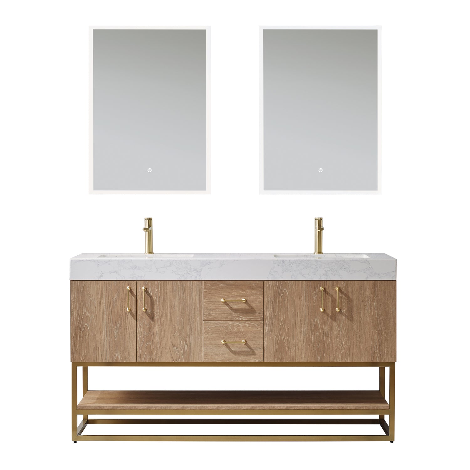 images Vinnova Alistair 60" Double Vanity in North American Oak with White Grain Stone Countertop With Mirror 789060-NO-GW - Image 1