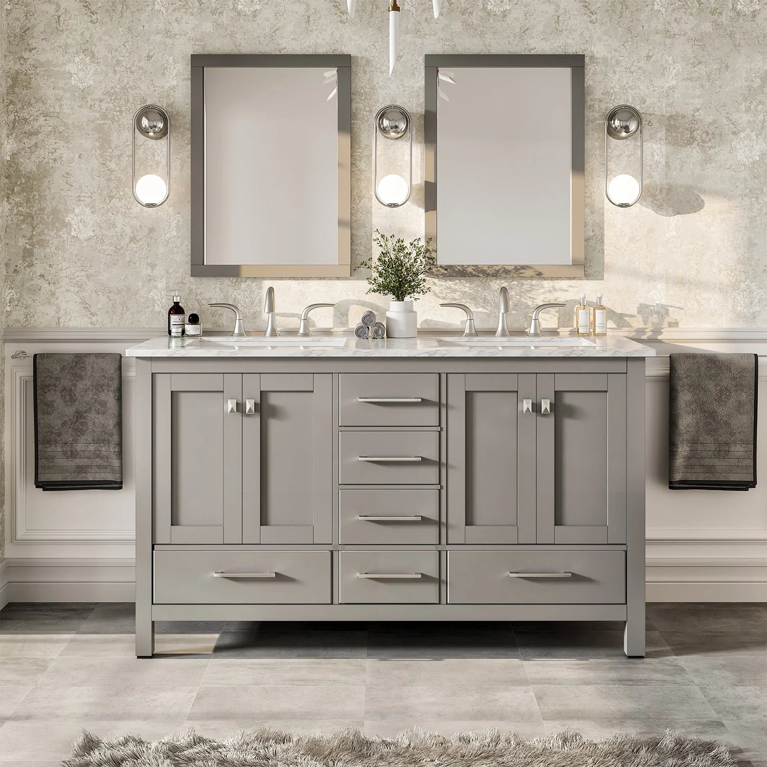 images Eviva Aberdeen 60" Gray Transitional Double Sink Bathroom Vanity with White Carrara Top-EVVN412-60GR - Image 1