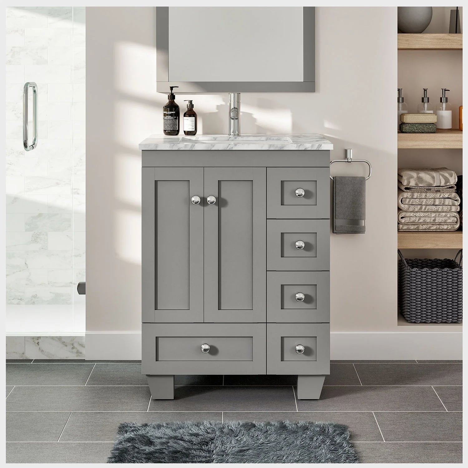 images Eviva Happy 24" x 18" Transitional Grey Bathroom Vanity with white Carrara counter-top-EVVN30-24X18GR - Image 1