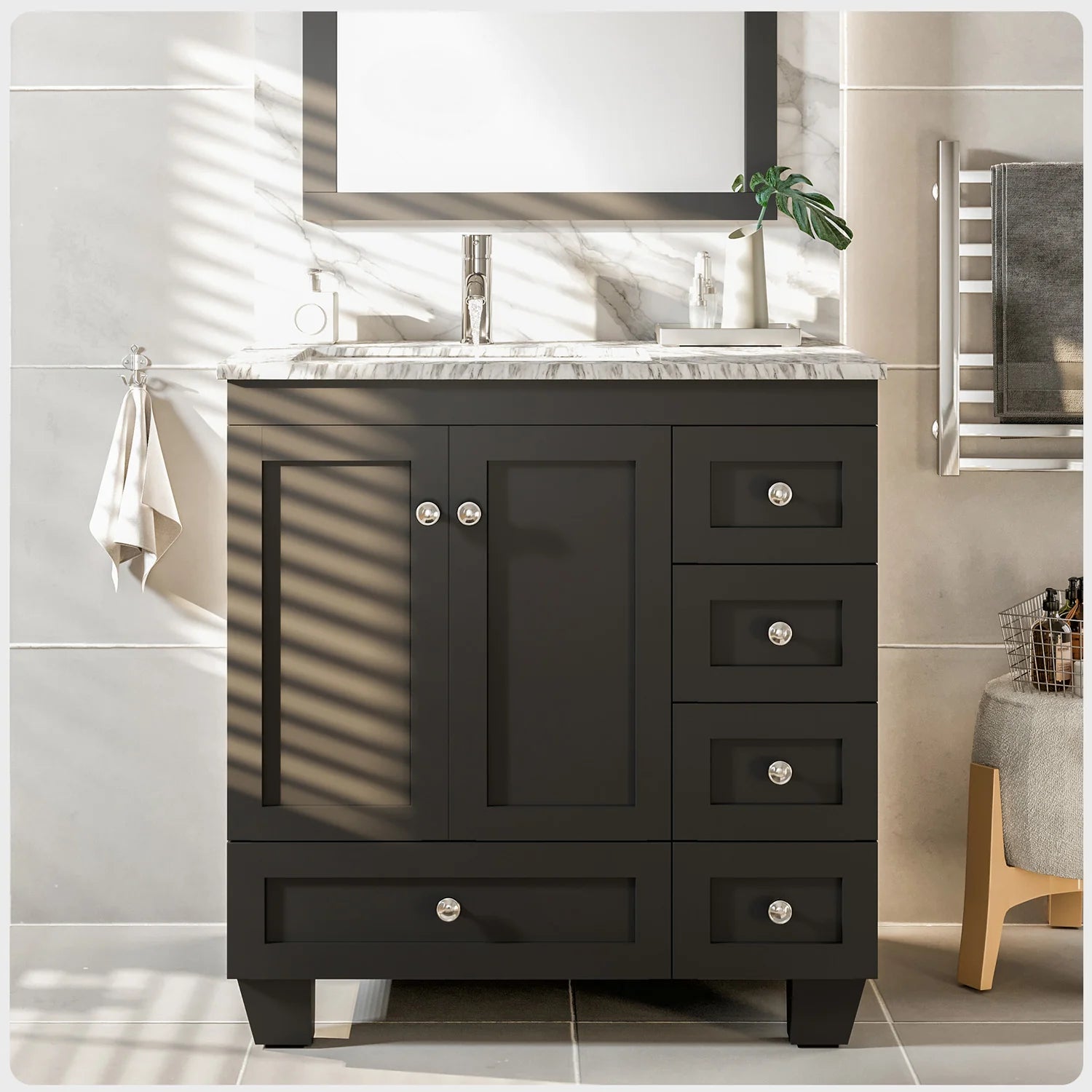 images Eviva Happy 30" x 18" Transitional Espresso Bathroom Vanity with White Carrara Marble counter-Top-EVVN30-30X18ES - Image 1