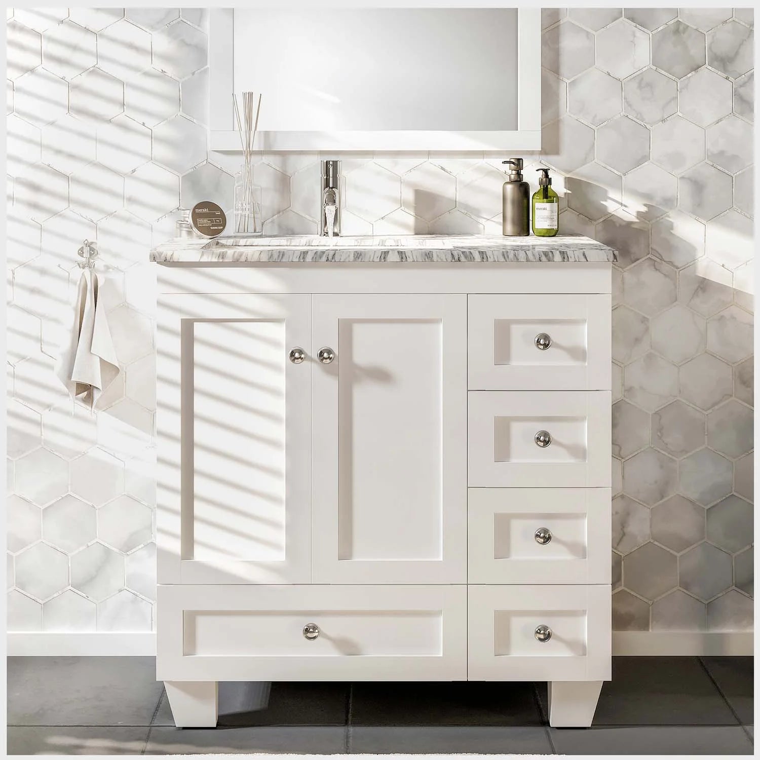 images Eviva Happy 30" x 18" Transitional White Bathroom Vanity with White Carrara Marble Counter-top-EVVN30-30X18WH - Image 1