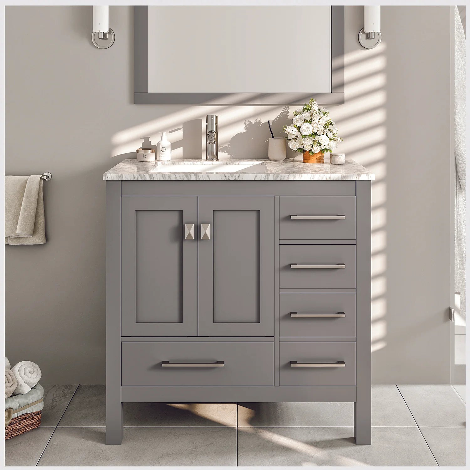 images Eviva London 36" x 18" Gray Transitional Bathroom Vanity with White Carrara Top-TVN414-36X18GR - Image 1