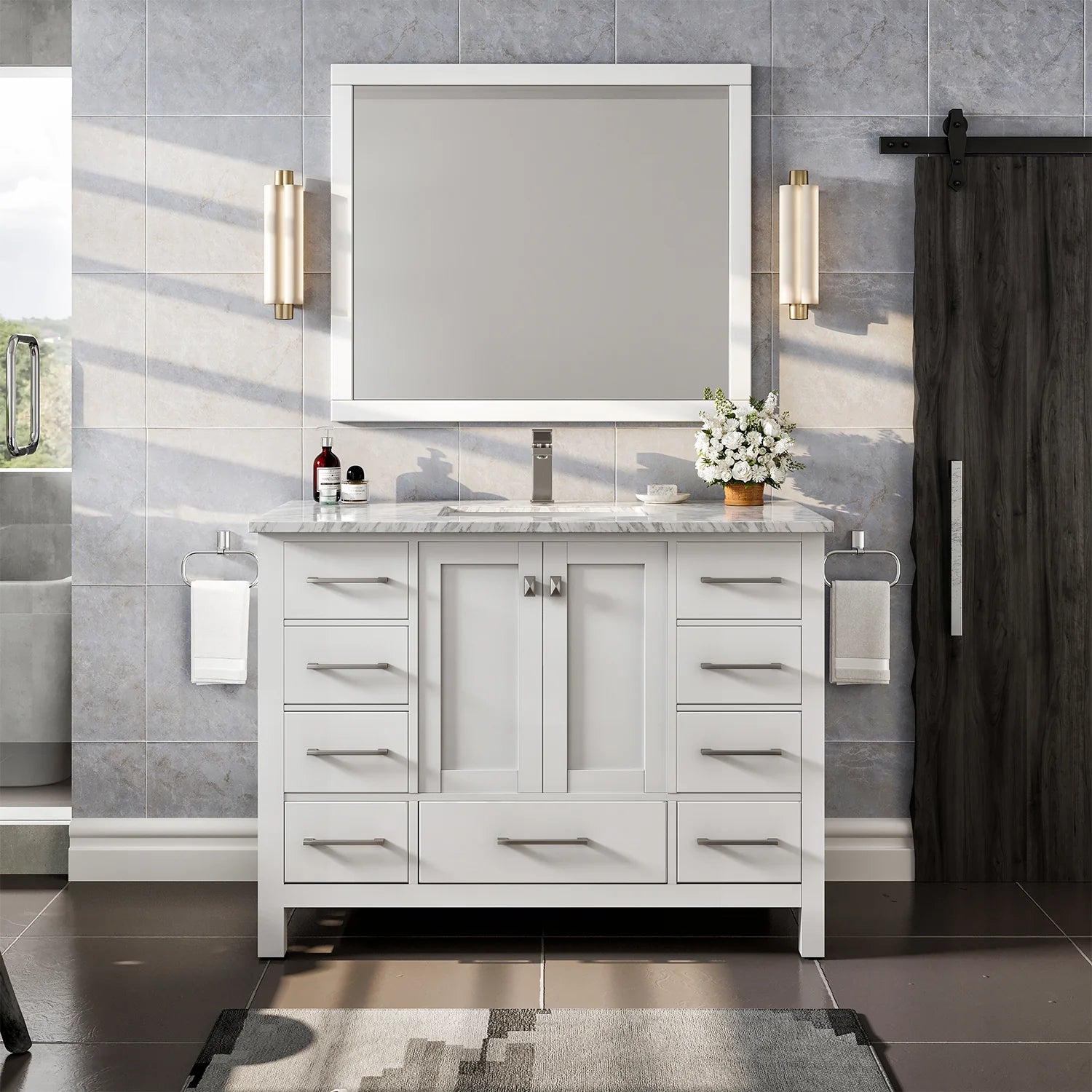 images Eviva London 42" x 18" White Transitional Bathroom Vanity with White Carrara Top-TVN414-42X18WH - Image 1