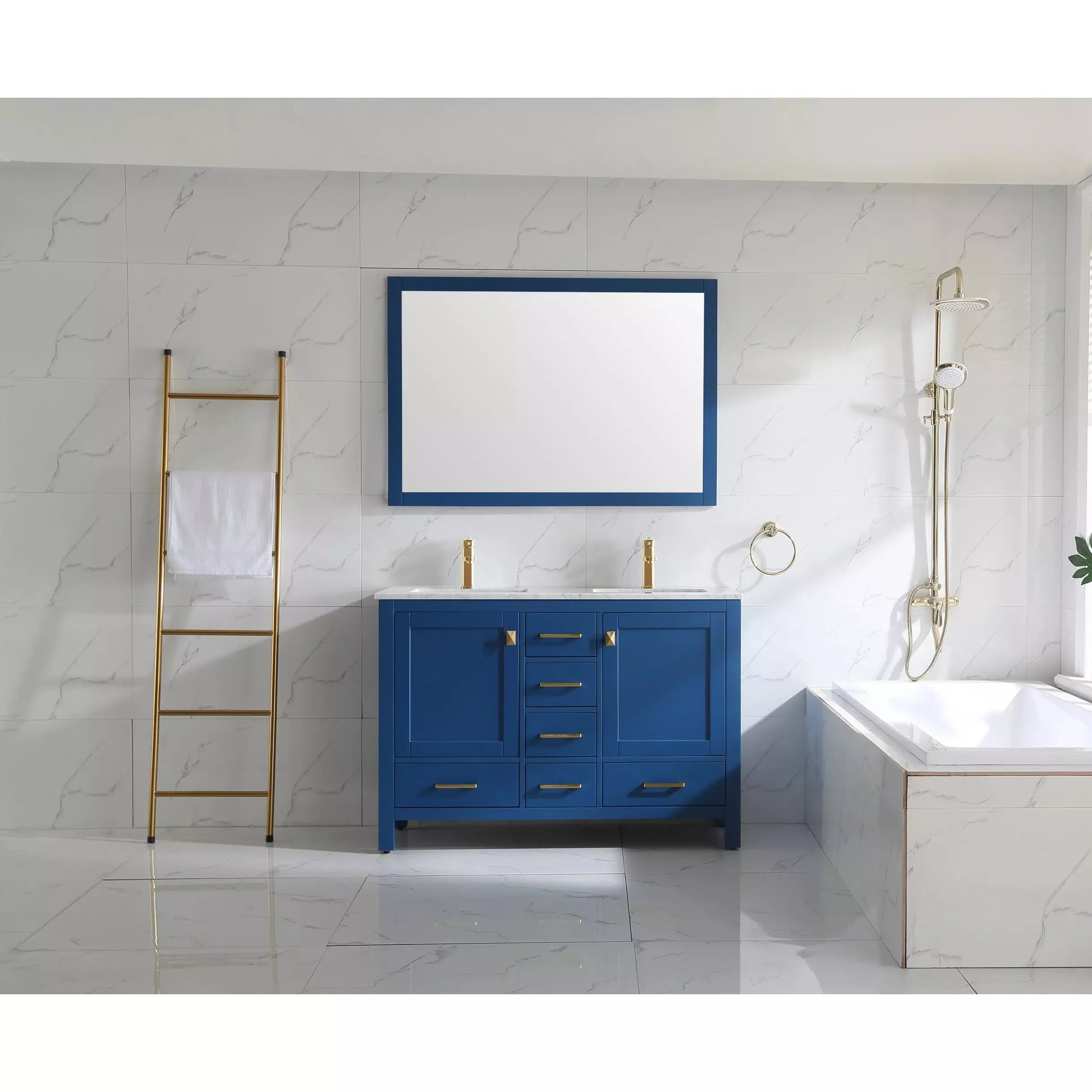 images Eviva London 48" x 18" Blue Transitional Double Sink Bathroom Vanity with White Carrara Top & Gold Handles-TVN414-48X18BLU-DS-GH - Image 1