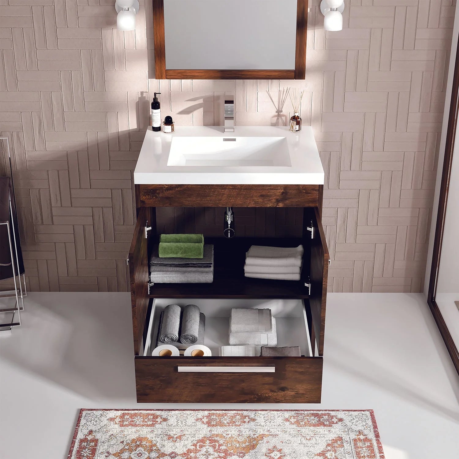 images Eviva Lugano 24" Rosewood Modern Bathroom Vanity with White Integrated Top-EVVN600-8-24RSWD - Image 1