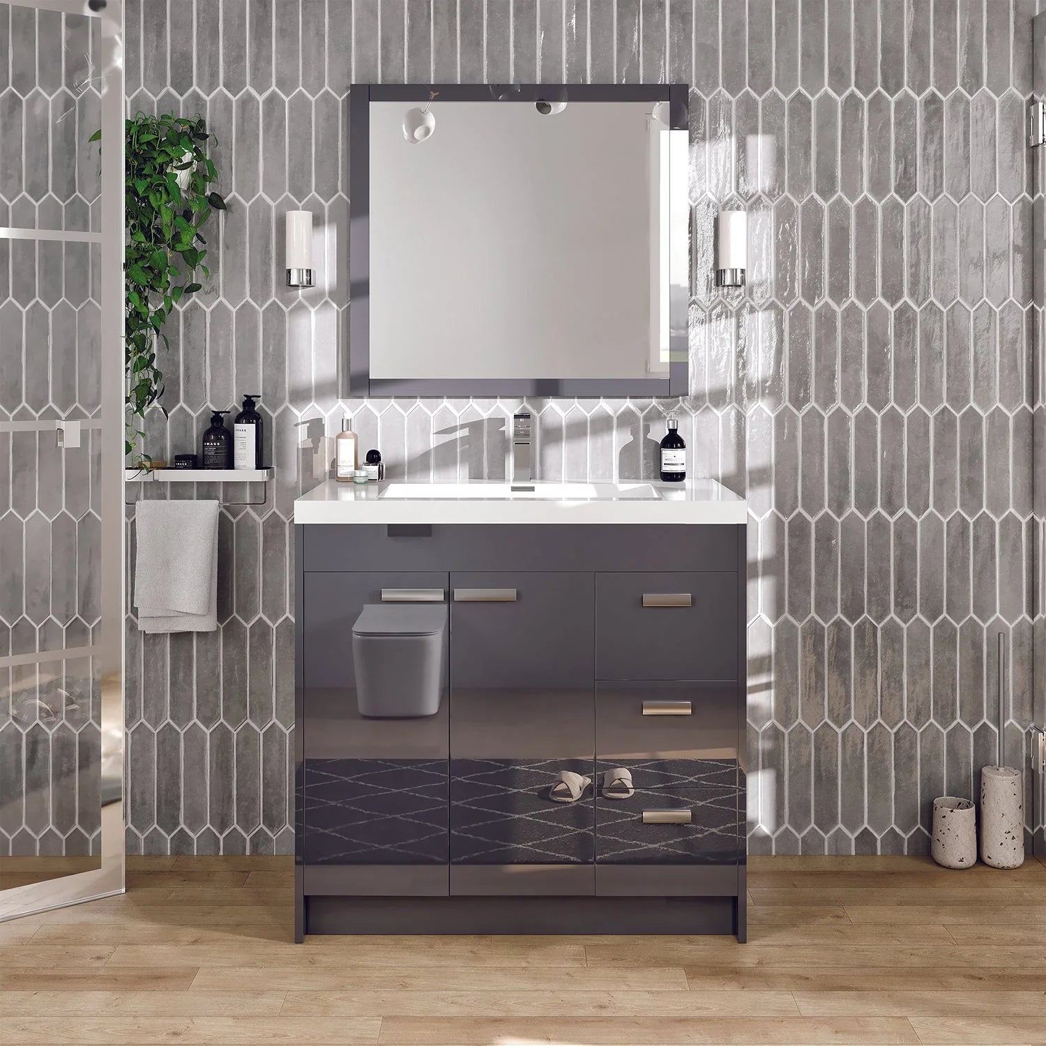 images Eviva Lugano 36" Gray Modern Bathroom Vanity with White Integrated Top-EVVN900-8-36GR - Image 1