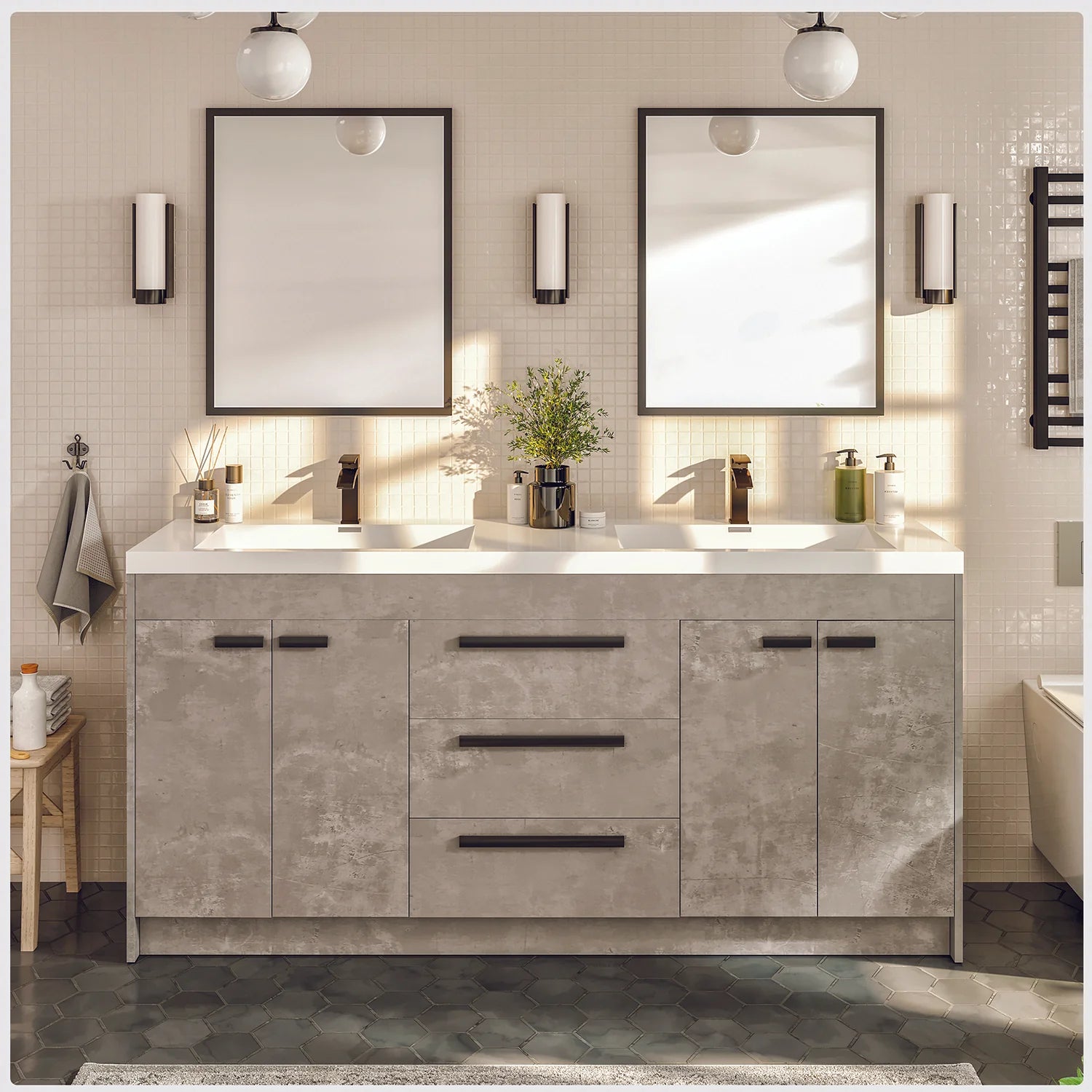 images Eviva Lugano 60" Cement Gray Modern Double Sink Bathroom Vanity with White Integrated Top-EVVN1500-8-60CGR - Image 1