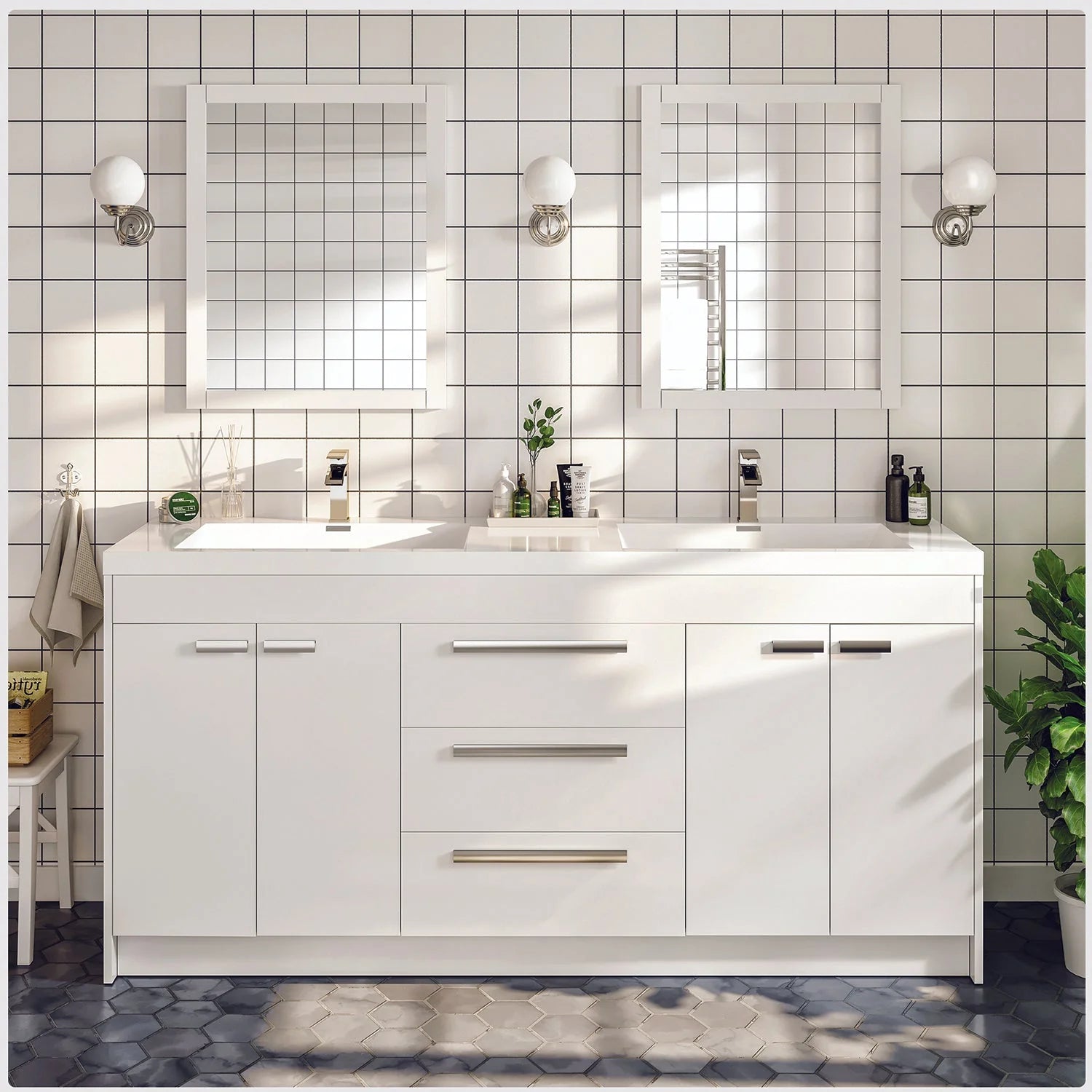 images Eviva Lugano 60" White Modern Double Sink Bathroom Vanity with White Integrated Top-EVVN1500-8-60WH - Image 1