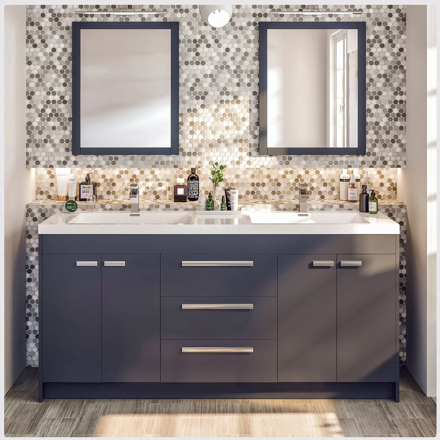 images Eviva Lugano 72" Gray Modern Double Sink Bathroom Vanity with White Integrated Top-EVVN1700-8-72GR - Image 1