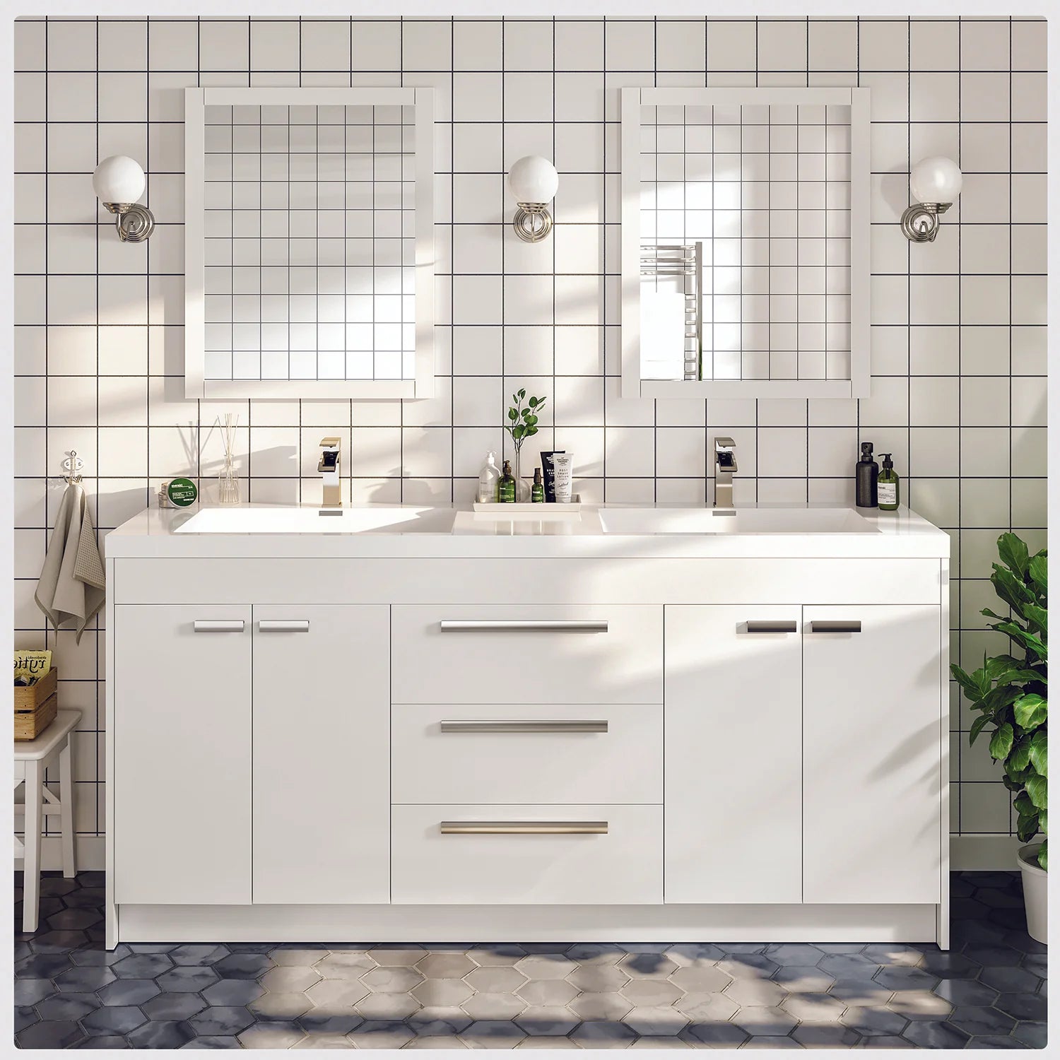images Eviva Lugano 72" White Modern Double Sink Bathroom Vanity with White Integrated Top-EVVN1700-8-72WH - Image 1
