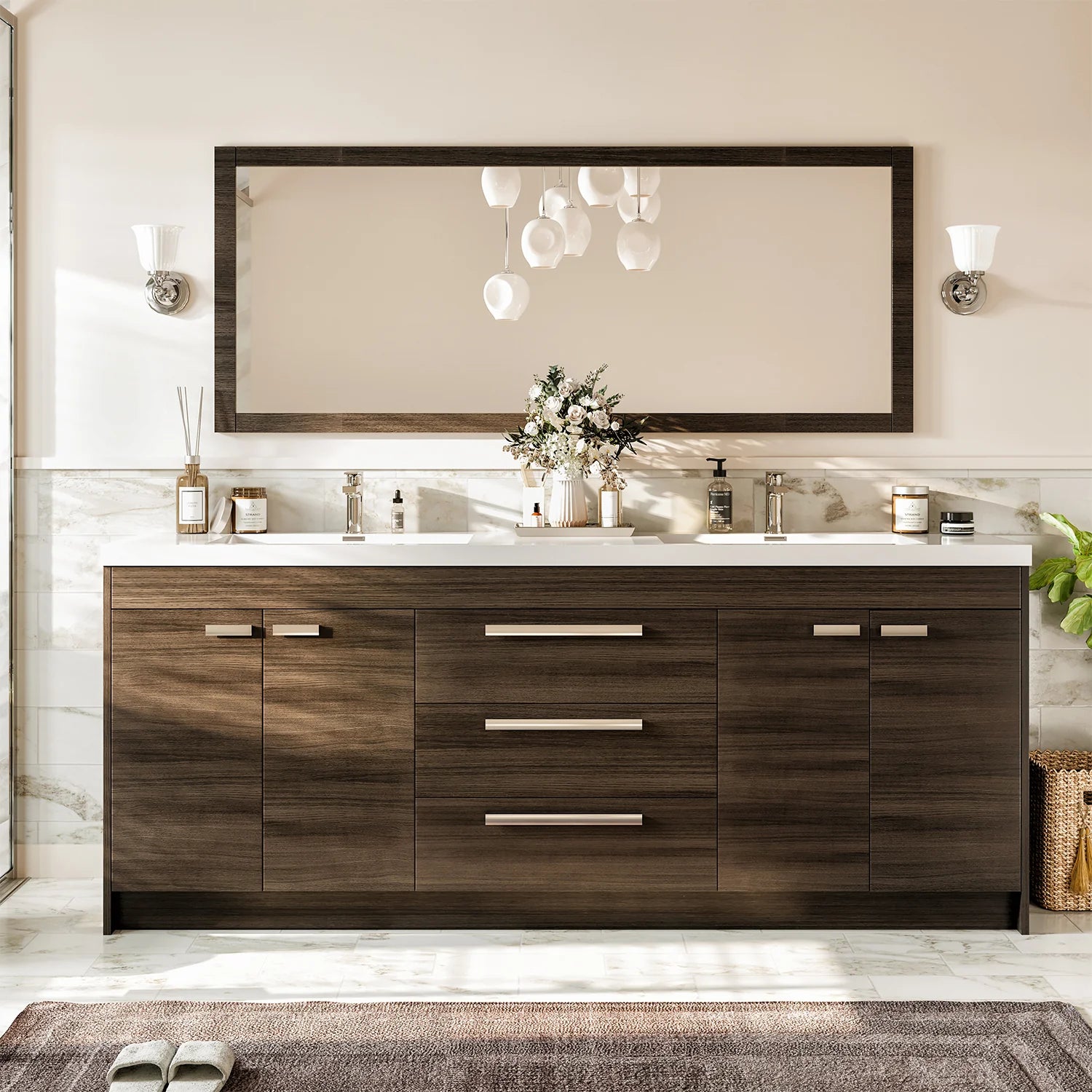 images Eviva Lugano 84" Gray Oak Modern Double Sink Bathroom Vanity with White Integrated Top-EVVN1900-8-84GOK - Image 1