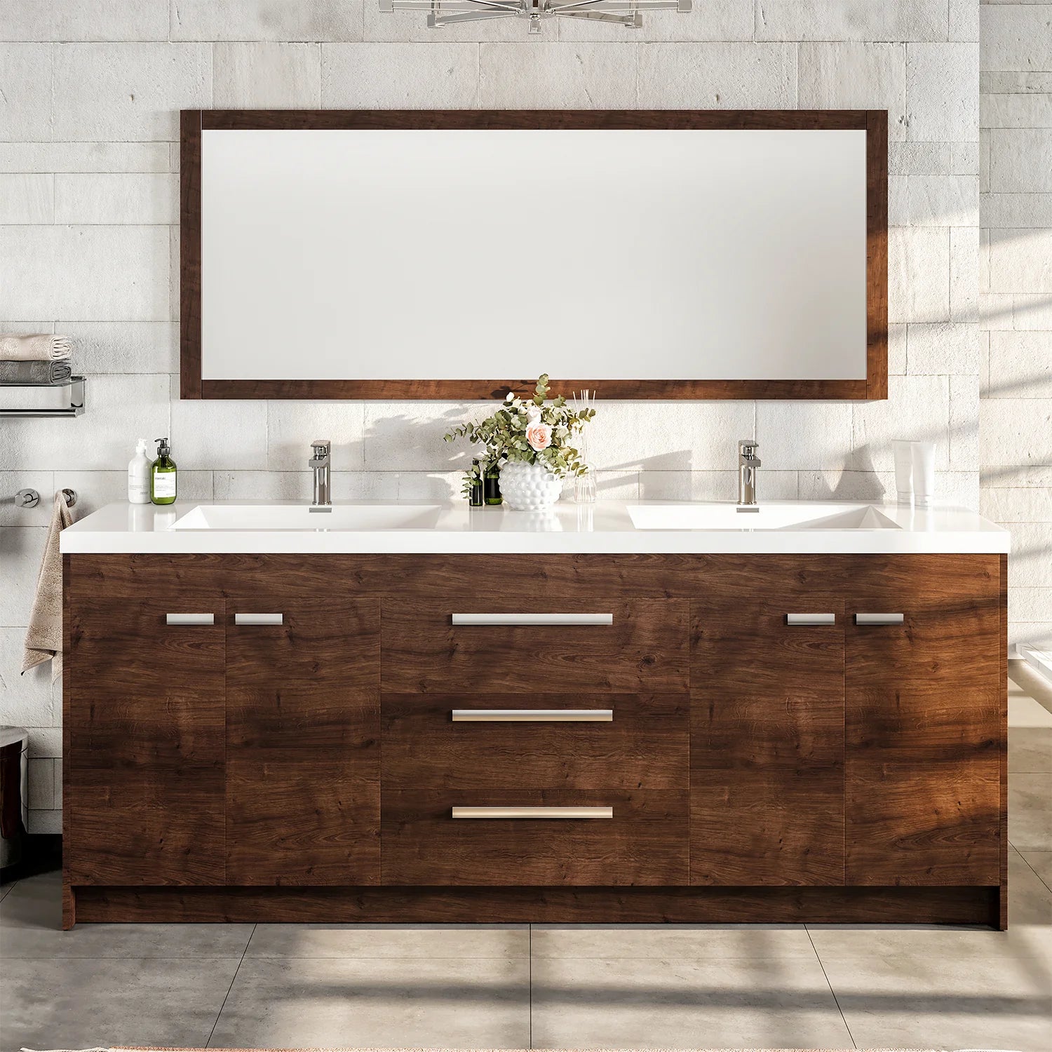 images Eviva Lugano 84" Rosewood Modern Double Sink Bathroom Vanity with White Integrated Top-EVVN1900-8-84RSWD - Image 1