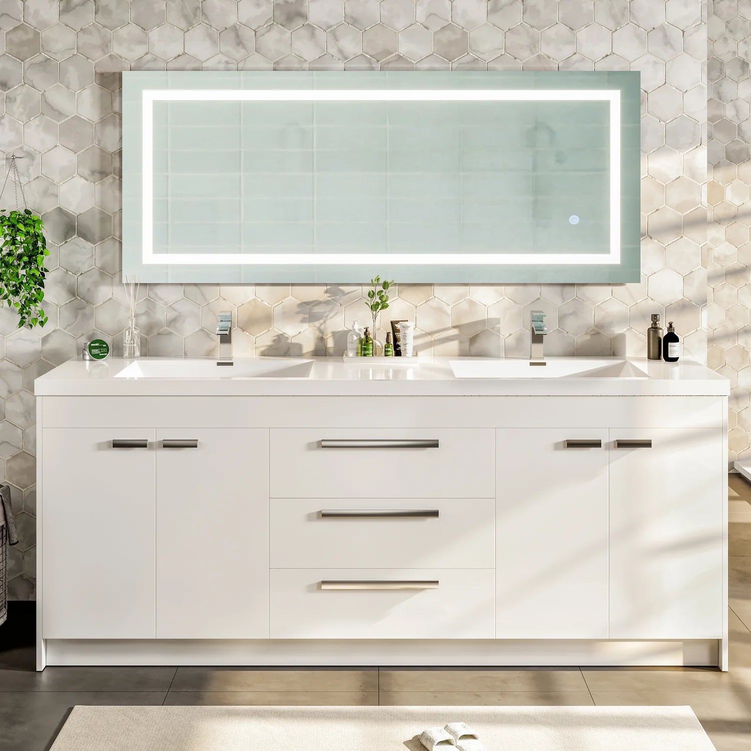 images Eviva Lugano 84" White Modern Double Sink Bathroom Vanity with White Integrated Top-EVVN1900-8-84WH - Image 1