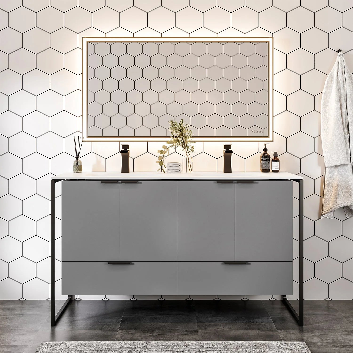 images Eviva Moma 48" Grey Double Sink Bathroom Vanity with Black Metallic Legs-EVVN120-48GR-DS - Image 1
