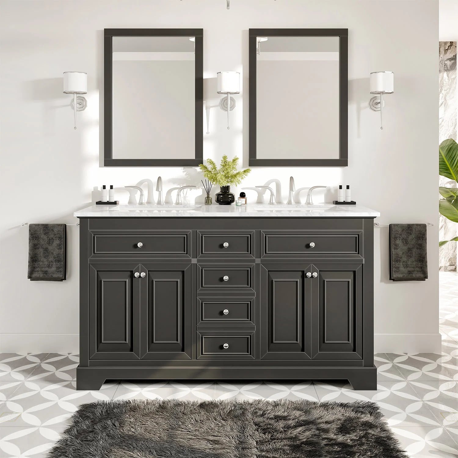 images Eviva Monroe 60" Gray Transitional Double Sink Bathroom Vanity with White Carrara Top-EVVN123-60GR - Image 1