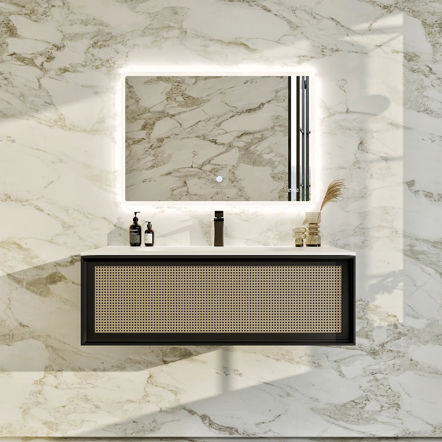 images EVIVA Nets 44" Natural Oak and Black Wall Mount Modern Bathroom Vanity-EVVN116-44NOK/BL - Image 1