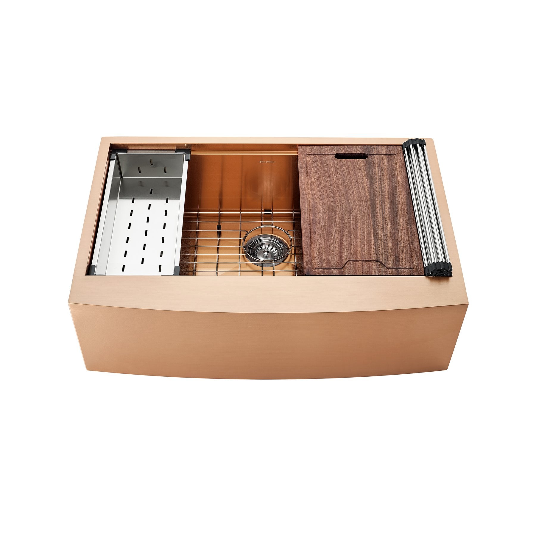 images Swiss Madison Tourner 33" x 22" Stainless Steel, Single Basin, Farmhouse Sink Kitchen Workstation with Apron in Rose Gold - SM-KS28RG - Image 1