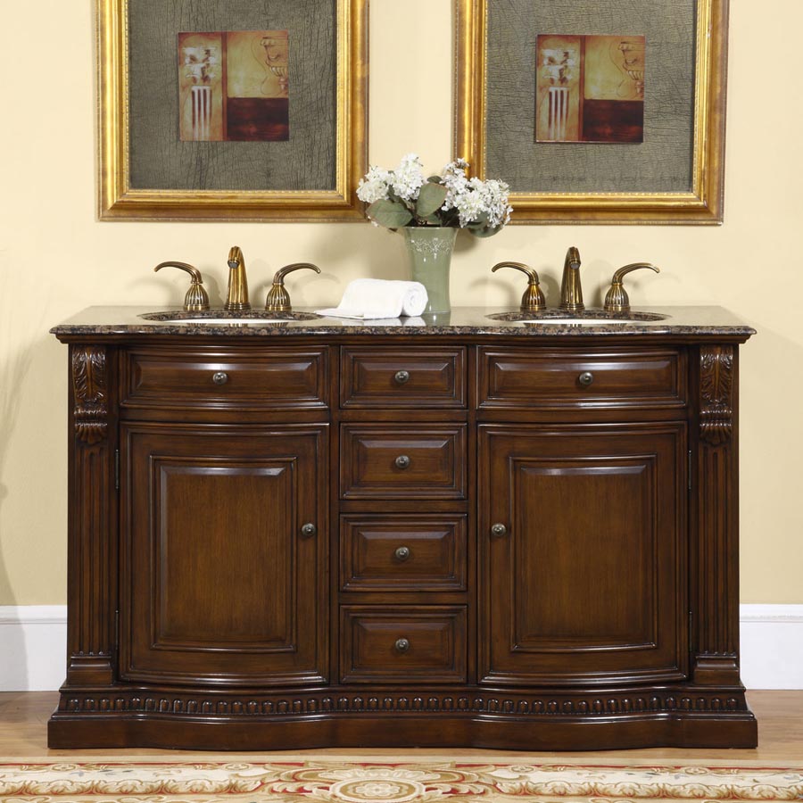images Silkroad Exclusive 60'' Baltic Brown Granite Top Double Sink Bathroom Vanity - HYP-0712-BB-UIC-60 - Image 1