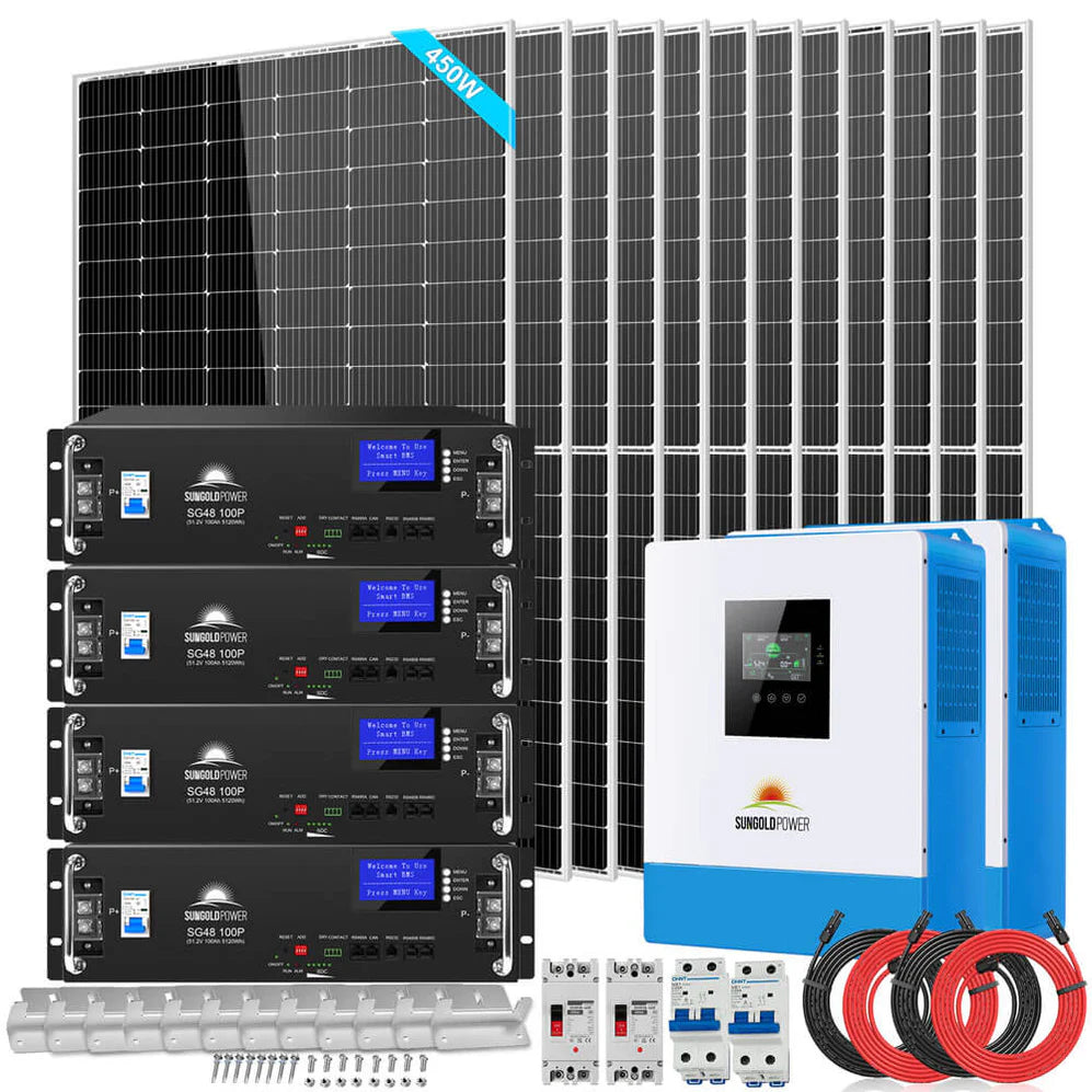 images SunGoldPower Off Grid Solar Kit 10000W 48VDC 120V/240V LifePO4 20.48KWH Lithium Battery 12 X 450 Watts Solar Panels SGR-10K2M - Image 1