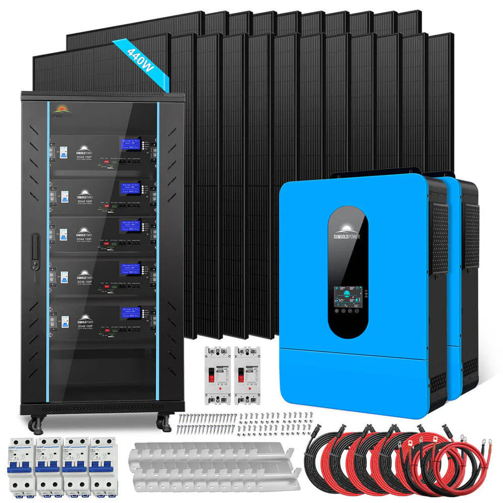 images SunGoldPower Off Grid Solar Kit 13000W 48VDC 120V/240V LifePo4 25.6KWH Lithium Battery 22 X 440 Watts Solar Panels SGR-13K25E - Image 1
