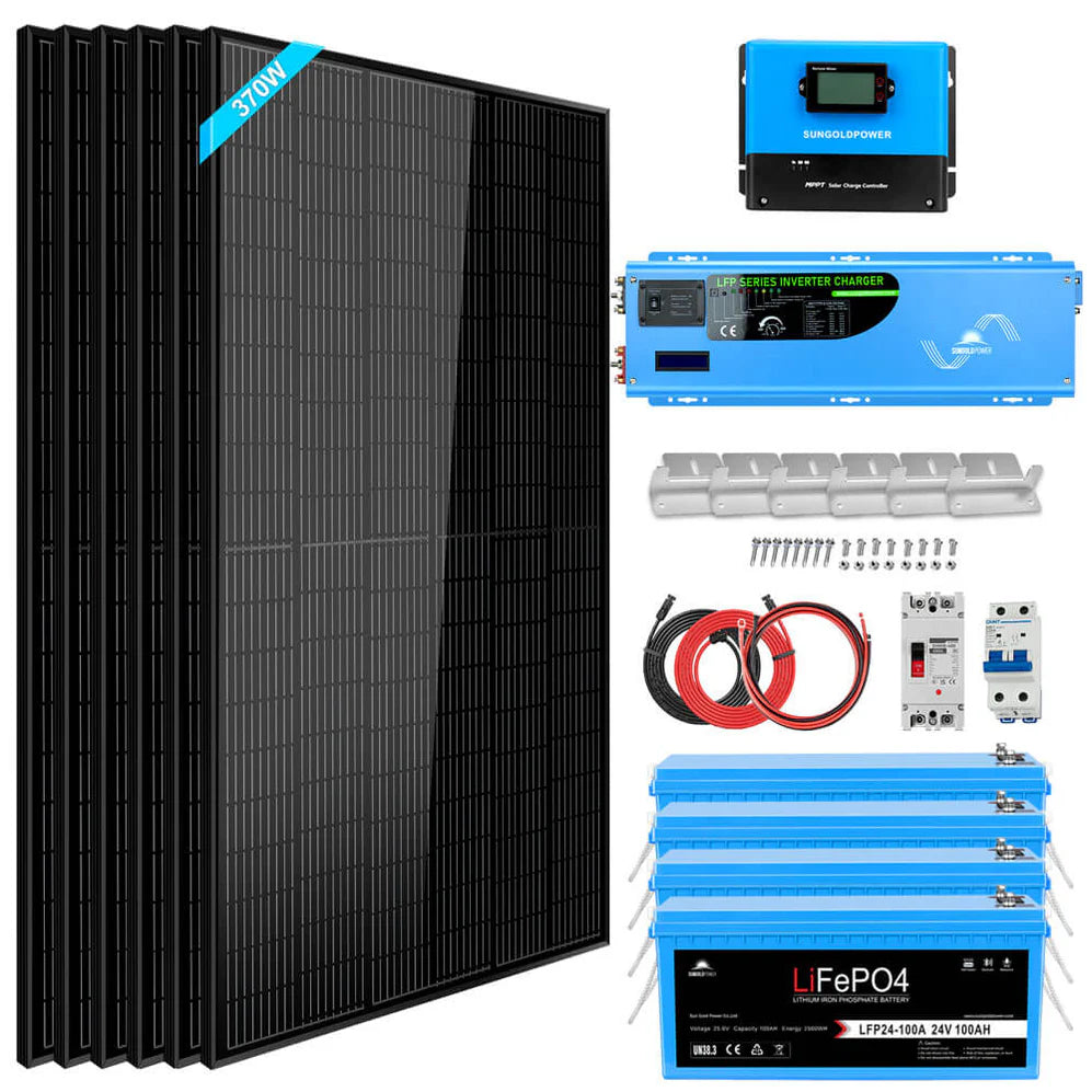 images SunGoldPower Off Grid Solar Kit 6000W 24VDC 120V/240V LiFePO4 10.24KWH Lithium Battery 6 X 370 Watt Solar Panels SGK-PRO62 - Image 1