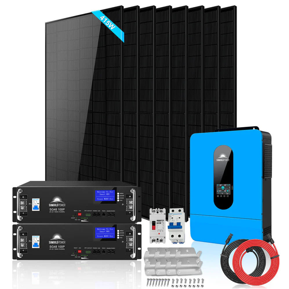 images SunGoldPower Off-Grid Solar Kit 6500W 48VDC 120/240VAC LifePo4 10.24KWH Lithium Battery 8 X 415W Solar Panels SGR-6510E - Image 1