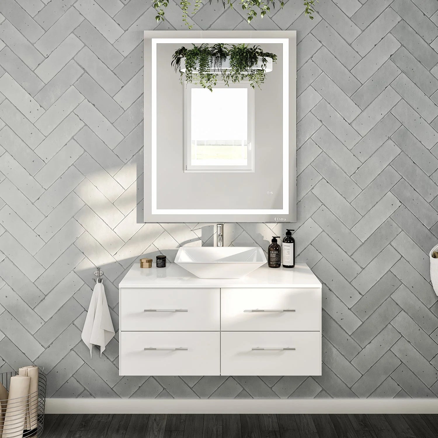images Totti Wave 36" White Modern Bathroom Vanity with Super White Man-Made Stone Top & Sink-EVVN147-36WH - Image 1
